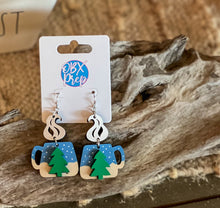 Winter Morning Coffee Mug Earrings – Hand-Painted Birch Wood Dangle Earrings with 3D Tree & Steam