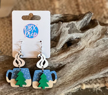 Winter Morning Coffee Mug Earrings – Hand-Painted Birch Wood Dangle Earrings with 3D Tree & Steam