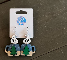 Winter Morning Coffee Mug Earrings – Hand-Painted Birch Wood Dangle Earrings with 3D Tree & Steam