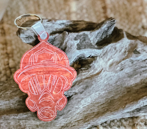 Firefighter Mask Acrylic Keychain – Rust & Flame Print – Round Keychain Made in the Outer Banks