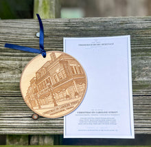 Custom engraved Fredericksburg landmark ornaments shown as examples of personalized town, monument and historic-location wood ornament commissions.