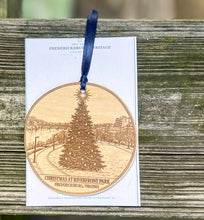 Custom engraved Fredericksburg landmark ornaments shown as examples of personalized town, monument and historic-location wood ornament commissions.