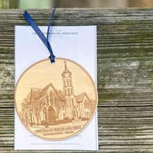 Custom engraved Fredericksburg landmark ornaments shown as examples of personalized town, monument and historic-location wood ornament commissions.