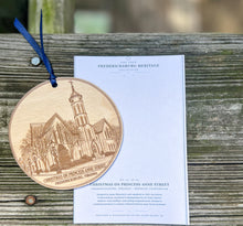 Custom engraved Fredericksburg landmark ornaments shown as examples of personalized town, monument and historic-location wood ornament commissions.