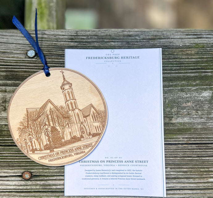 Custom engraved Fredericksburg landmark ornaments shown as examples of personalized town, monument and historic-location wood ornament commissions.