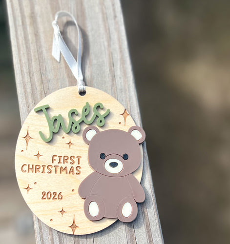 Personalized Baby’s First Christmas Teddy Bear Ornament | Wood and Acrylic Baby Keepsake