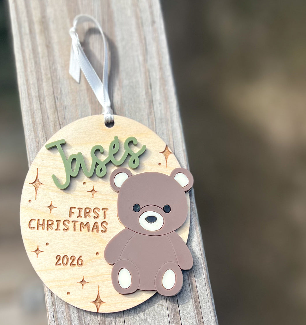 Personalized Baby’s First Christmas Teddy Bear Ornament | Wood and Acrylic Baby Keepsake