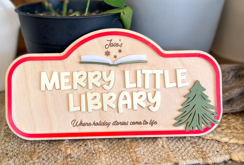 Personalized Merry Little Library Sign | Kids Christmas Reading Nook Decor | Pretend Play Library | Custom Holiday Book Sign