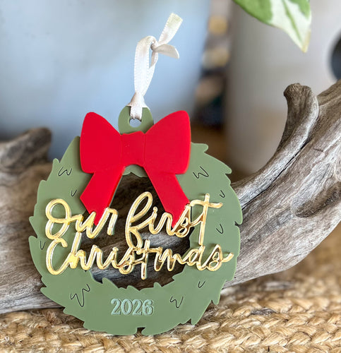 Our First Christmas Ornament | Acrylic Wreath with Bow | Gold Mirror Lettering | Dated Christmas Keepsake