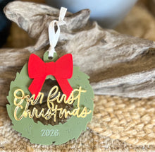 Our First Christmas Ornament | Acrylic Wreath with Bow | Gold Mirror Lettering | Dated Christmas Keepsake