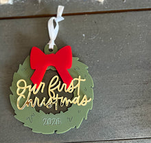 Our First Christmas Ornament | Acrylic Wreath with Bow | Gold Mirror Lettering | Dated Christmas Keepsake