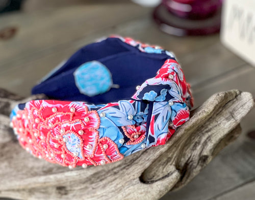 Patriotic Chinoiserie Floral Beaded Headband - OBX Prep Exclusive