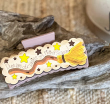 “Dust ’Em Off, Ladies” Hand-Painted Birch Hair Claw – Halloween Witch Broom Clip