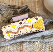 “Dust ’Em Off, Ladies” Hand-Painted Birch Hair Claw – Halloween Witch Broom Clip