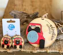 Hand-Painted Jeep Earrings – 3D Birch Wood with Green Heart Balloon