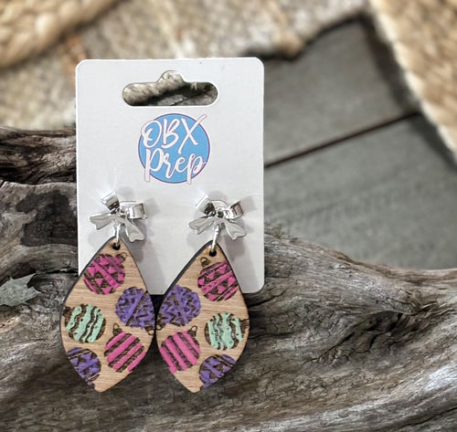 Pastel Painted Ornament Earrings – Hand-Painted Wood with Silver Bow Stud (Dangle Style).