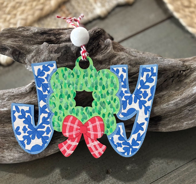 Joy Chinoiserie Christmas Ornament – Hand-Painted Wooden Design