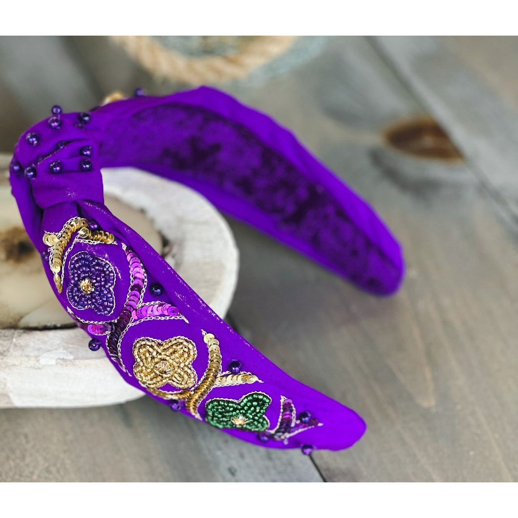 Mardi Gras Seed Beaded Floral Hand Sewn Top Knot Purple Headband - OBX Prep