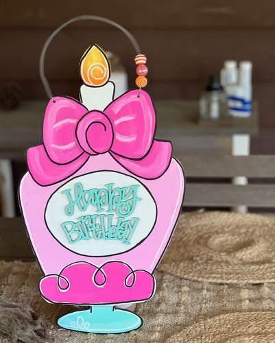 Hand-Painted Happy Birthday Door Hanger – Preppy Pink Cake Design
