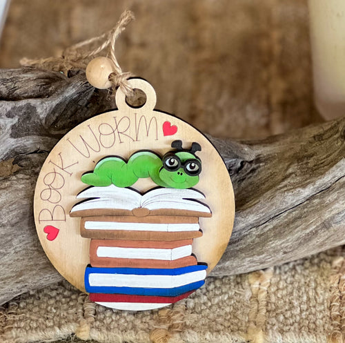 Bookworm Ornament – Handcrafted & Hand-Painted Birch.