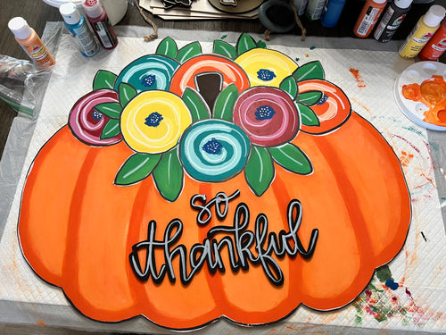 So Thankful Hand Painted Pumpkin with Autumn Fall Flowers Door Sign.