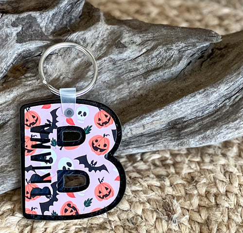 Spooky Coquette Monogram + Name Keychain | Pink Halloween Acrylic Bag Charm