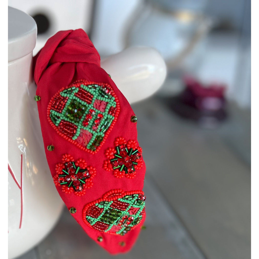 Red and Green Christmas Ornament Beaded Handmade Headband - OBX Prep