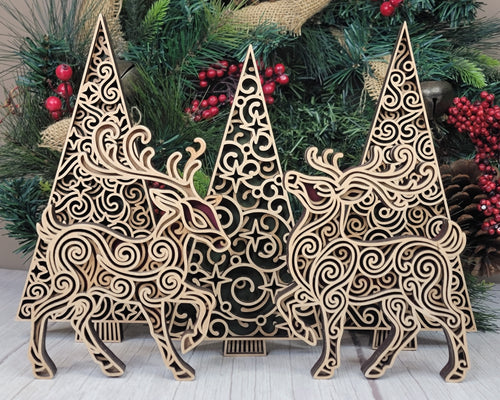 Modern Christmas Décor Collection | Baltic Birch Reindeer & Tree Set | OBX Made Minimalist Holiday Decorations