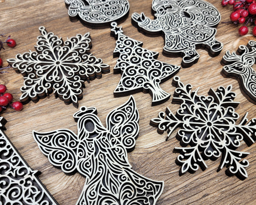 Handmade Outline Christmas Ornaments | Baltic Birch Angel, Reindeer, Santa, Snowflake, Tree & Snowman | Pattern Ply or Stained