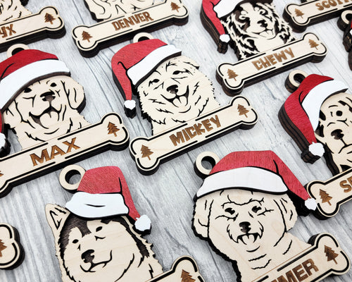 Custom Dog Breed Christmas Ornaments – Handcrafted Birch with Santa Hat 🐾🎄 Also great for Pet Businesses