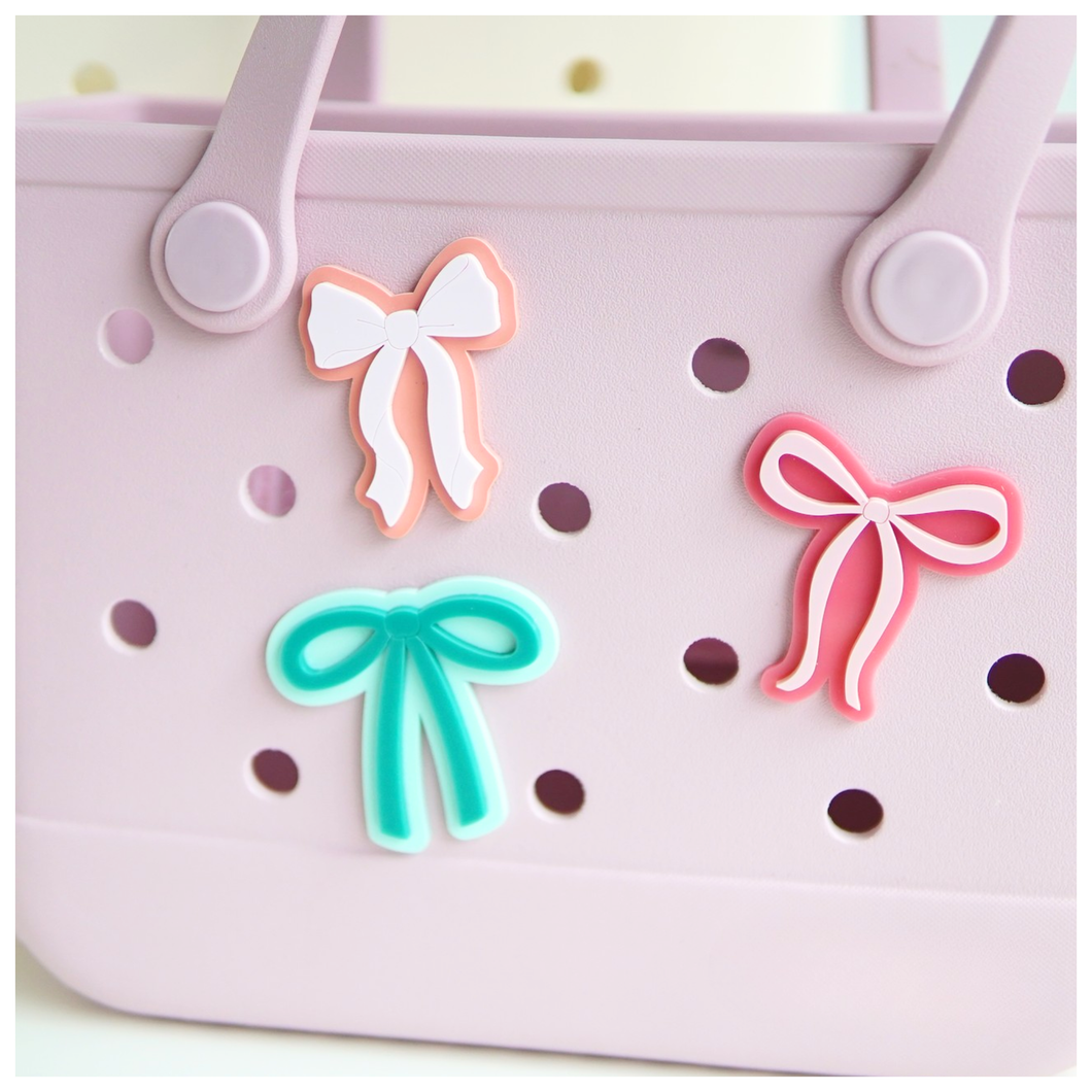 Layered Acrylic Bow Bag Charm for Bogg Style Bags | Preppy Ribbon Bow | Colorful Beach Tote Accessory