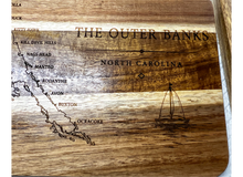 Outer Banks Heritage wood tray with engraved Corolla to Ocracoke map and compass rose