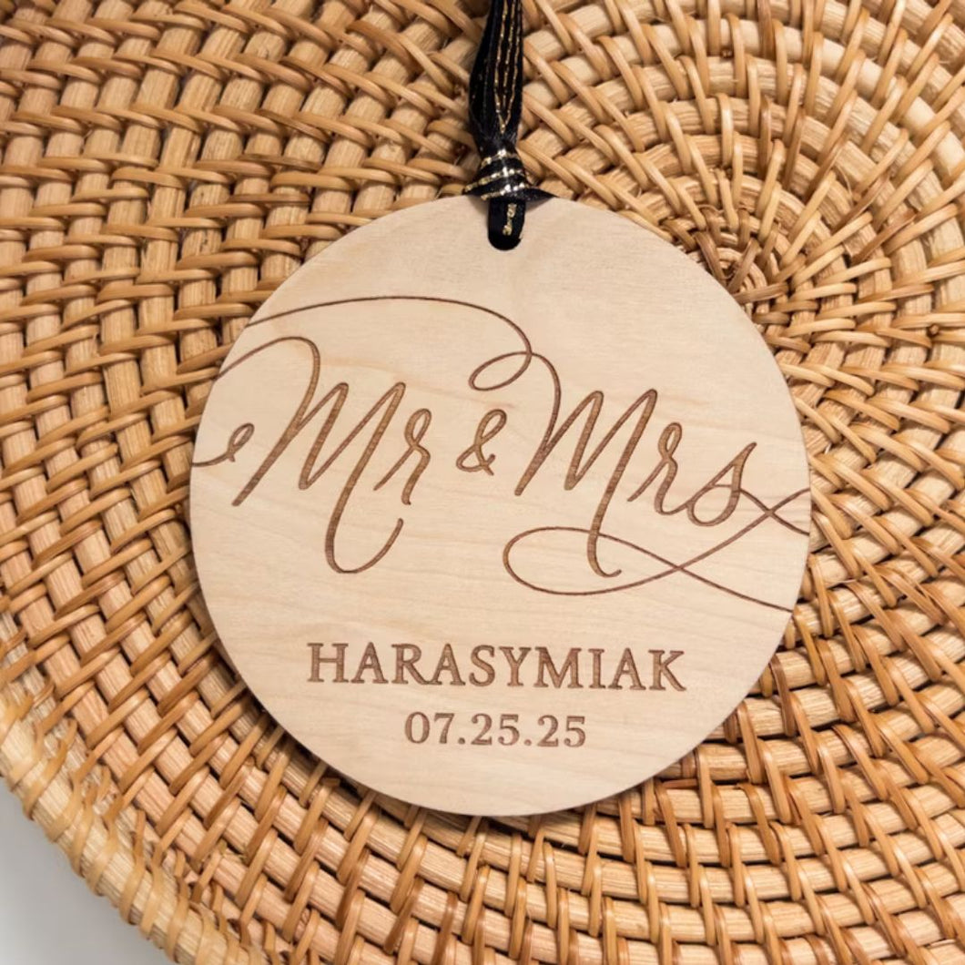 Mr. & Mrs. Engraved Birch Wood Ornament – Golden Oak Stain – Personalized Wedding Keepsake – OBX Handmade