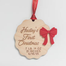 Personalized Baby’s First Christmas Ornament 2025 – Custom Name, Birth Stats, Red Bow – Handmade Wood Keepsake – New Baby Gift – OBX Made