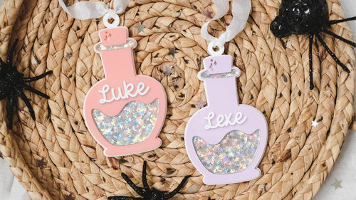 Personalized Halloween Potion Bag Tag | Custom Acrylic Backpack Tag | Vintage Potion Bottle Name Tag | Trick or Treat Bag Charm | Personalized Halloween Gift