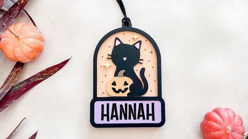 Personalized Black Cat & Pumpkin Halloween Ornament, Custom Boo Basket Tag
