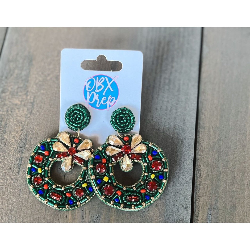 Multi Stone Glam Christmas Wreath Dangle Earrings - OBX Prep