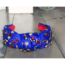 Patriotic Blue and Gold Star Jeweled Top Knot Headband 4th of July - OBX Prep