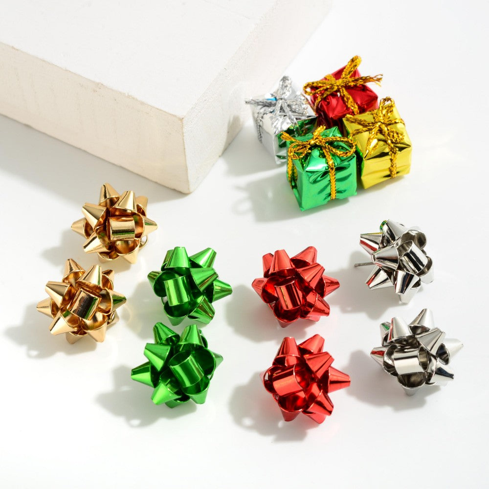 Christmas Metal Bow Stud Red Green Silver Gold Tone Earrings