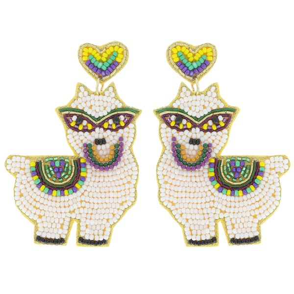 Mardi Gras Llama Seed Beaded Statement Earrings - OBX Prep