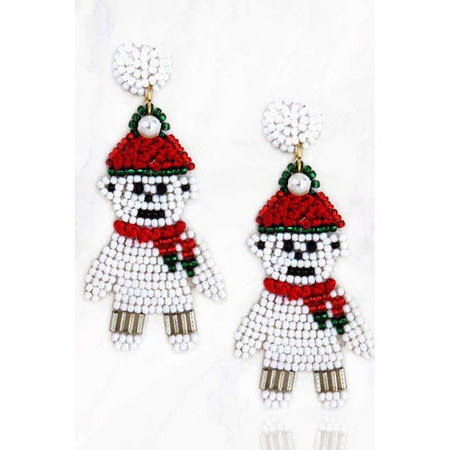 Christmas Polar Bear Seed Beaded Dangle Earrings - OBX Prep
