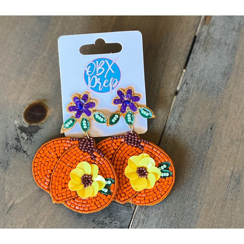 Pumpkin with Flowers Seed Beaded Drop Earrings - OBX Prep