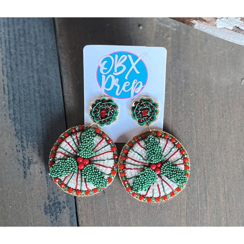 Christmas Holly Seed Beaded Disc Earrings - OBX Prep