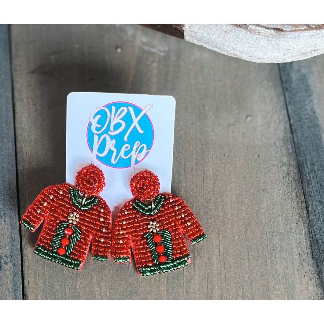 Red Tree Ugly Christmas Sweater Snowman Seed Bead Earrings - OBX Prep