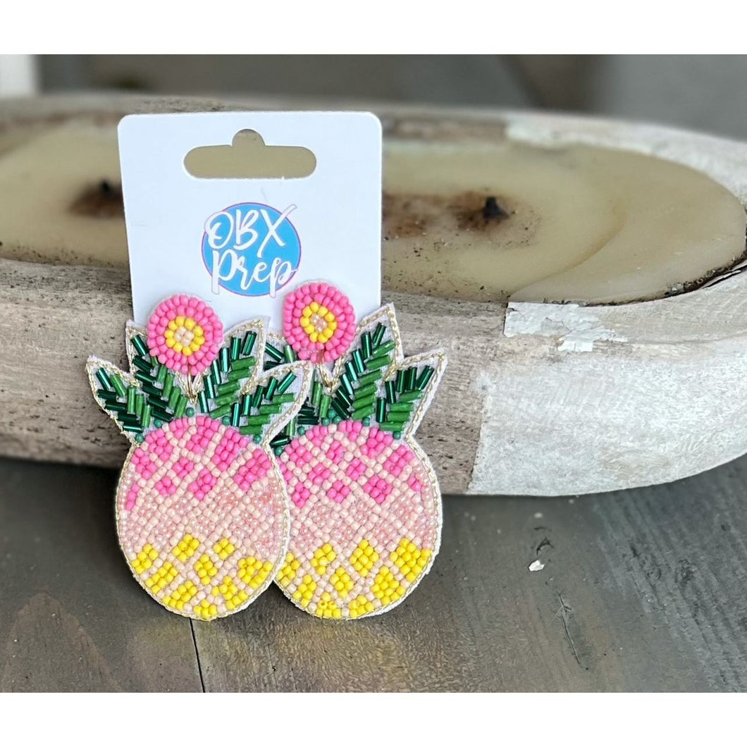 Bright Summer Pink Pineapple Seed Bead Dangle Earrings - OBX Prep