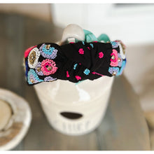 Pink and Blue Embroidered Seed Beaded Top Knot Headband with Rhinestones - OBX Prep