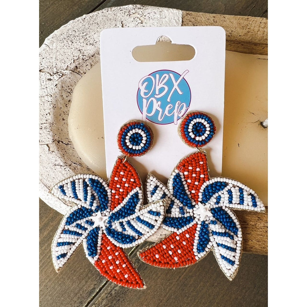 Patriotic Red White Blue Spinner Seed Bead Dangle Earrings - OBX Prep