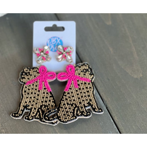 Jaguar with Pink Bow Exclusive Preppy Dangle Earrings - OBX Prep