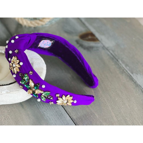 Mardi Gras Jeweled Hand Sewn Top Knot Purple Headband - OBX Prep