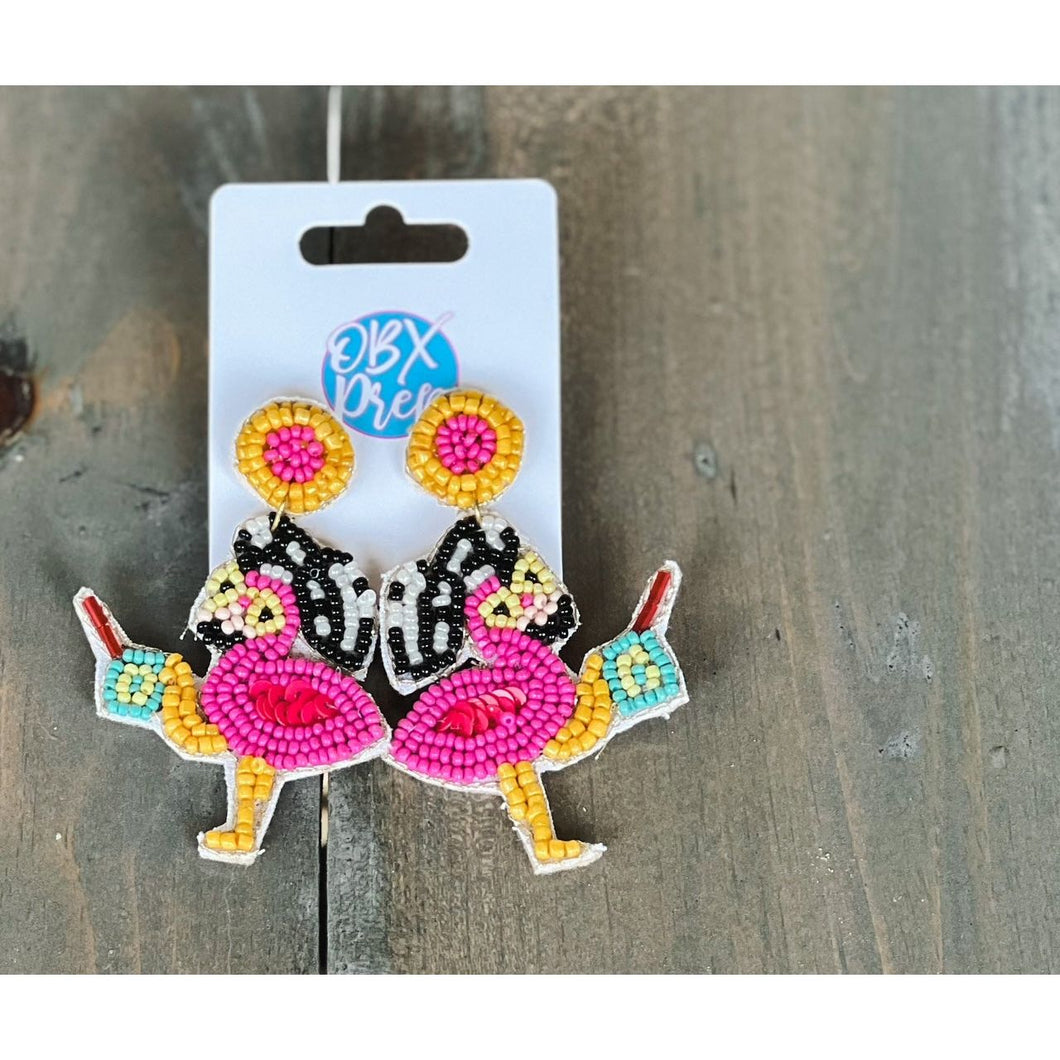 Flamingo On Vacation Seed Beaded Earrings - OBX Prep